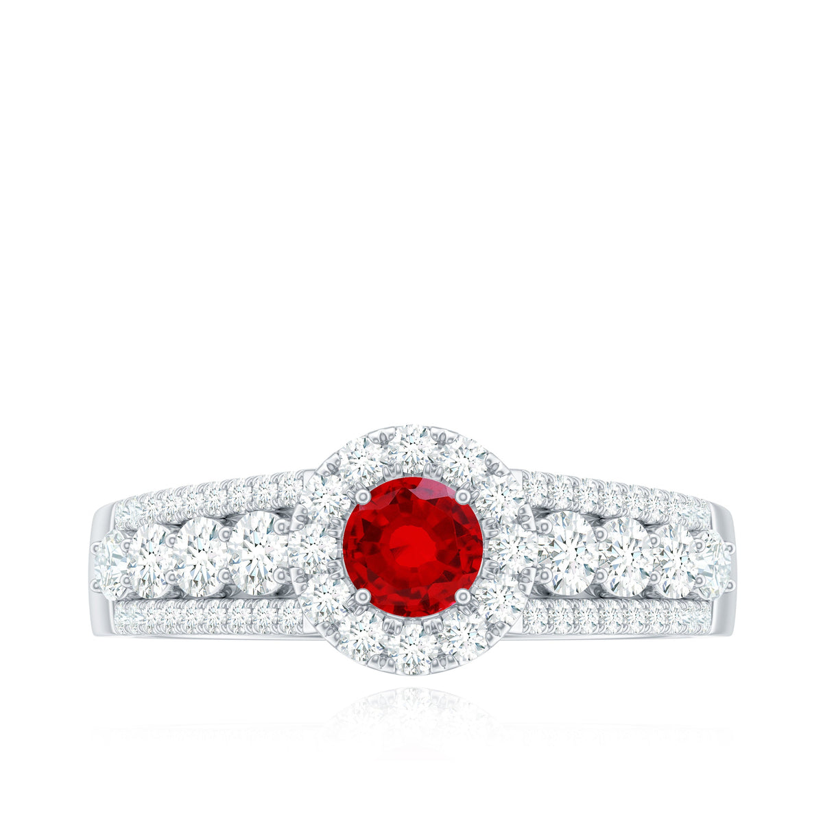 Lab created ruby side stone engagement ring with moissanite accents, featuring a silver band and intricate design.