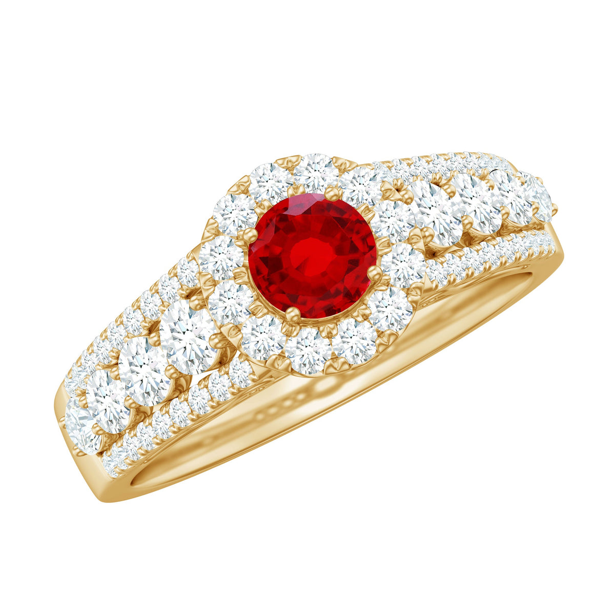 Rosec Jewels lab-created ruby engagement ring with side stones and moissanite accents, showcasing a detailed close-up of the ring design.