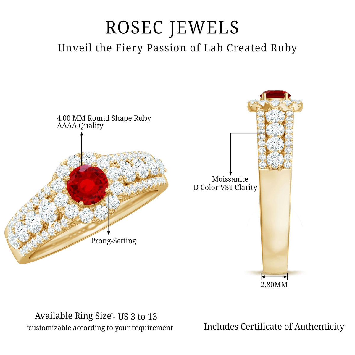 Lab created ruby side stone engagement ring with moissanite accents, featuring a silver band and intricate detailing.
