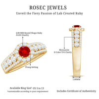 Lab created ruby side stone engagement ring with moissanite accents, featuring a silver band and intricate detailing.