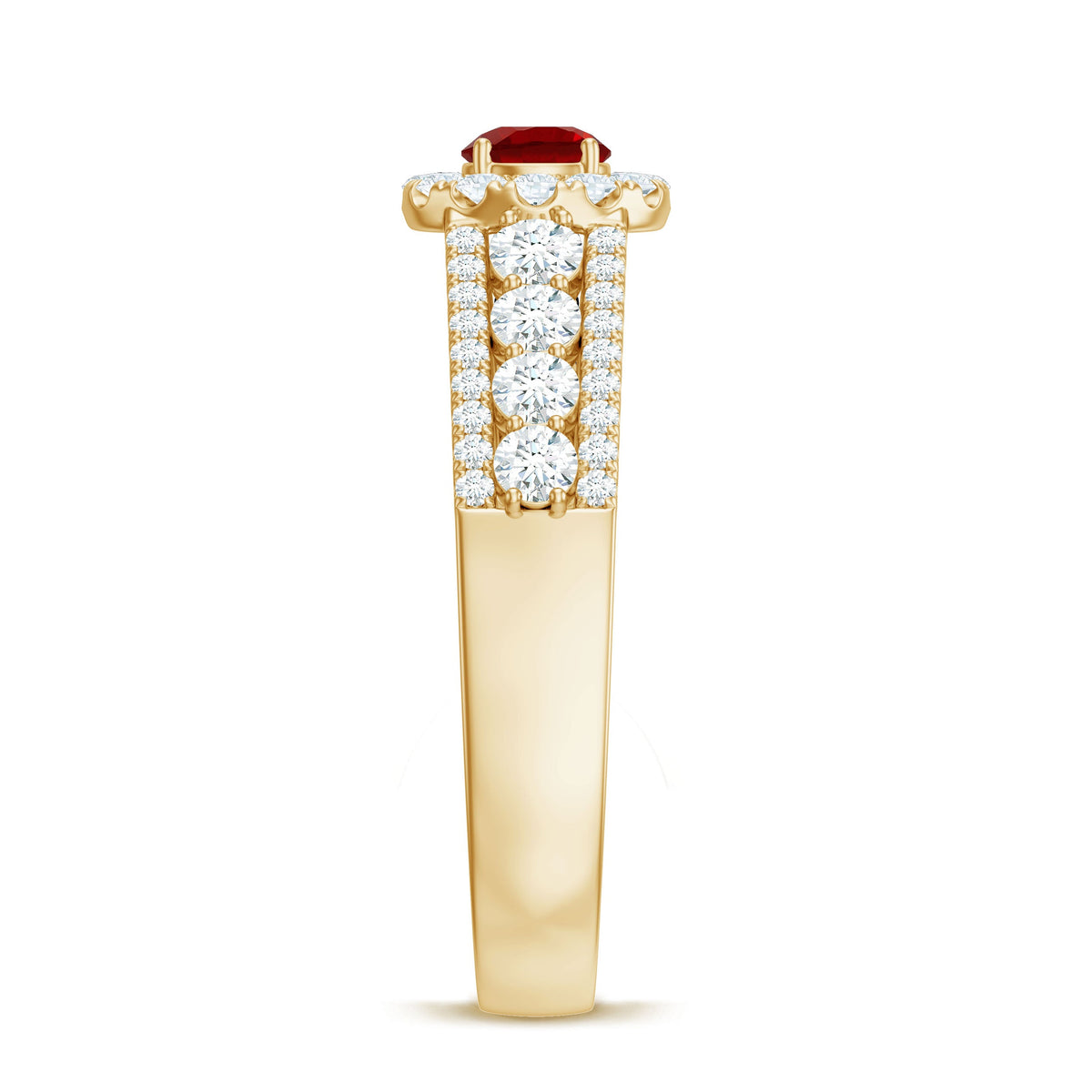 Lab created ruby side stone engagement ring with moissanite by Rosec Jewels, showcasing a detailed ruby and moissanite stones on the band.