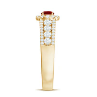 Lab created ruby side stone engagement ring with moissanite by Rosec Jewels, showcasing a detailed ruby and moissanite stones on the band.