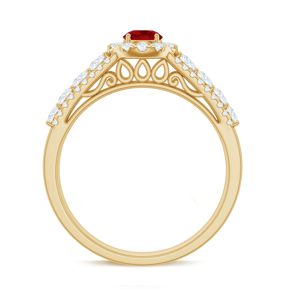 Rosec Jewels lab-created ruby side stone engagement ring with sparkling moissanite accents and a silver band.