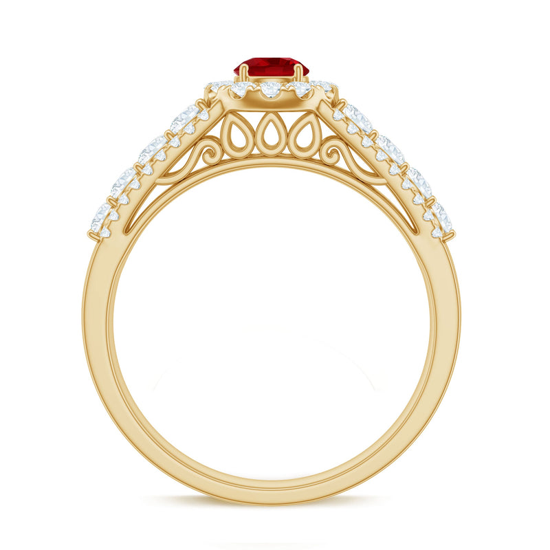 Rosec Jewels lab-created ruby side stone engagement ring with sparkling moissanite accents and a silver band.
