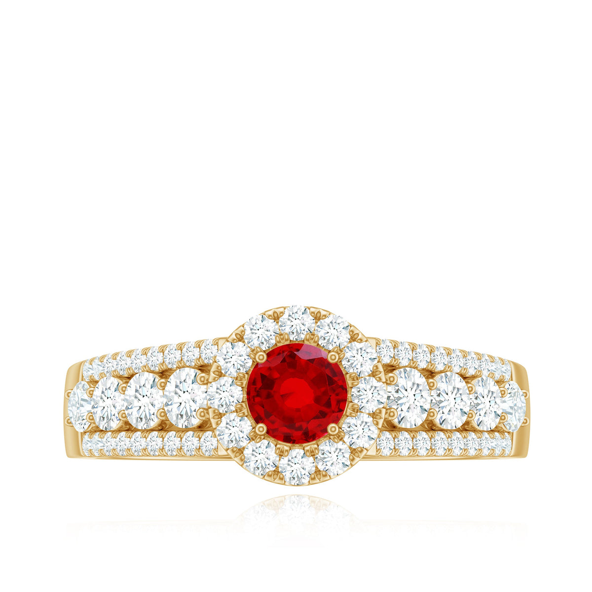 Rosec Jewels lab-created ruby side stone engagement ring with sparkling moissanite accents on a silver band.