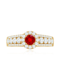 Rosec Jewels lab-created ruby side stone engagement ring with sparkling moissanite accents on a silver band.