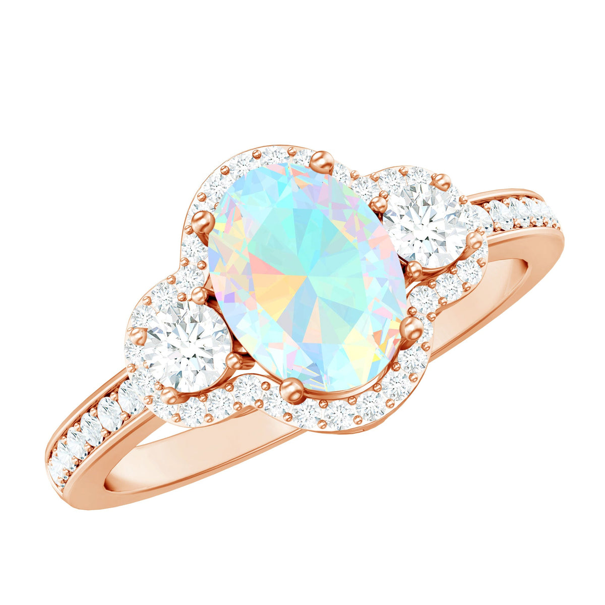 Vintage inspired opalescent oval engagement ring with real diamond from Rosec Jewels, showcasing intricate design and sparkling gemstone.