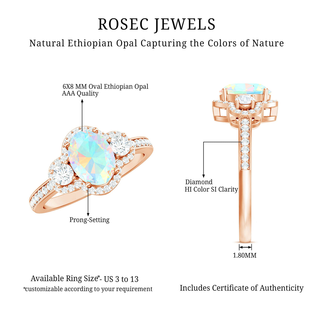 Vintage-inspired opalescent oval engagement ring with real diamond from Rosec Jewels, showcasing intricate design and sparkling gemstone.