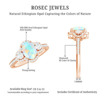 Vintage-inspired opalescent oval engagement ring with real diamond from Rosec Jewels, showcasing intricate design and sparkling gemstone.