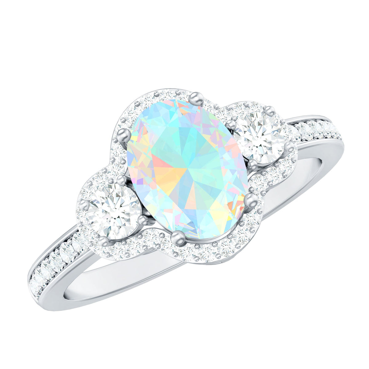 Vintage-inspired opalescent oval engagement ring with real diamond from Rosec Jewels, showcasing a detailed gold band and elegant design.