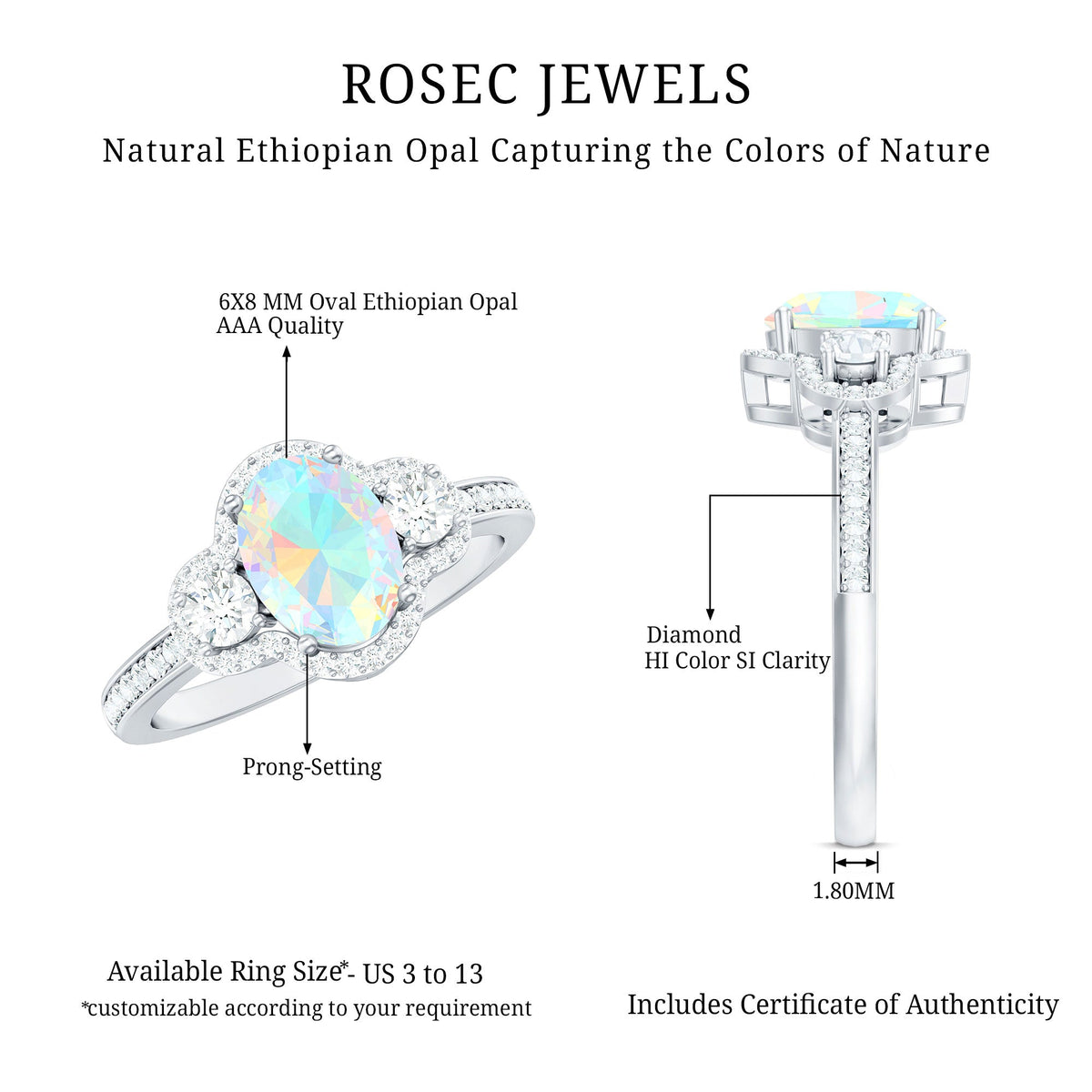 Vintage inspired opalescent oval engagement ring with real diamond from Rosec Jewels, showcasing the intricate design and sparkling center stone.