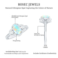 Vintage inspired opalescent oval engagement ring with real diamond from Rosec Jewels, showcasing the intricate design and sparkling center stone.