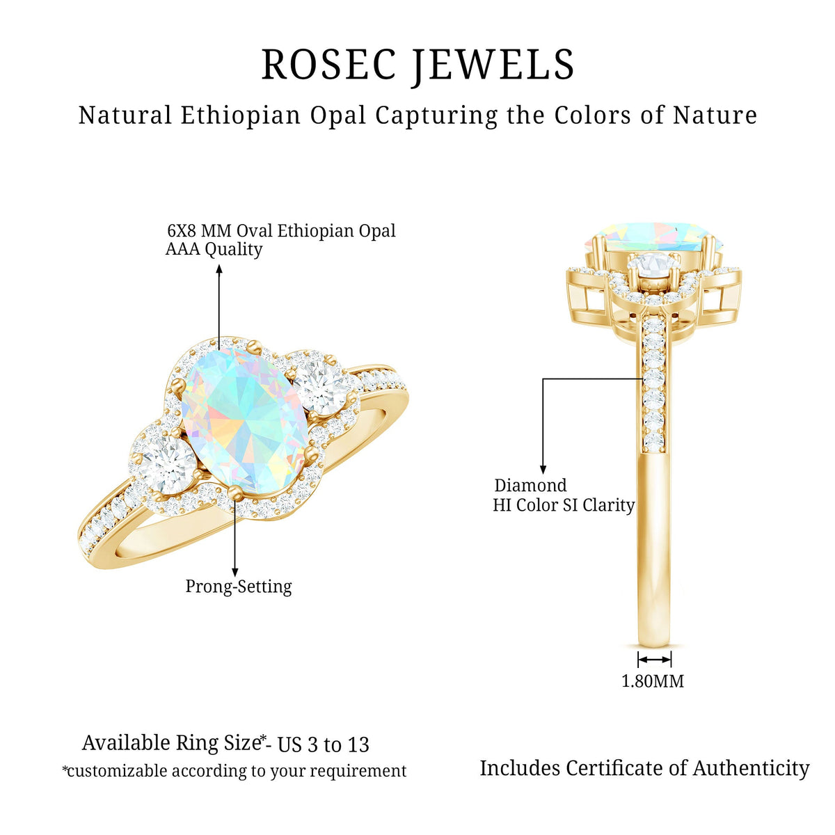 Vintage-inspired opalescent oval engagement ring with real diamond, featuring Rosec Jewels' elegant ring design.