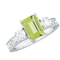 Vintage style 1.8 carat peridot emerald cut engagement ring with moissanite from Rosec Jewels, featuring a green peridot gemstone.