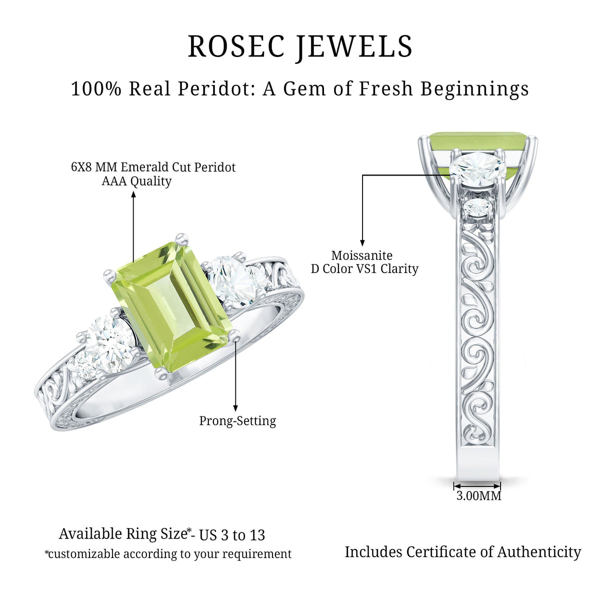 Vintage style 1.8 carat peridot emerald cut engagement ring with moissanite by Rosec Jewels, showcasing the elegant gemstone design