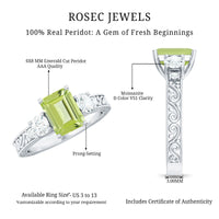 Vintage style 1.8 carat peridot emerald cut engagement ring with moissanite by Rosec Jewels, showcasing the elegant gemstone design