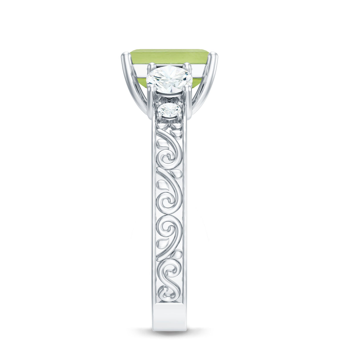 Vintage-style 1.8 carat peridot emerald cut engagement ring with moissanite, featuring intricate details and a classic design.
