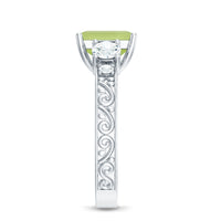 Vintage-style 1.8 carat peridot emerald cut engagement ring with moissanite, featuring intricate details and a classic design.