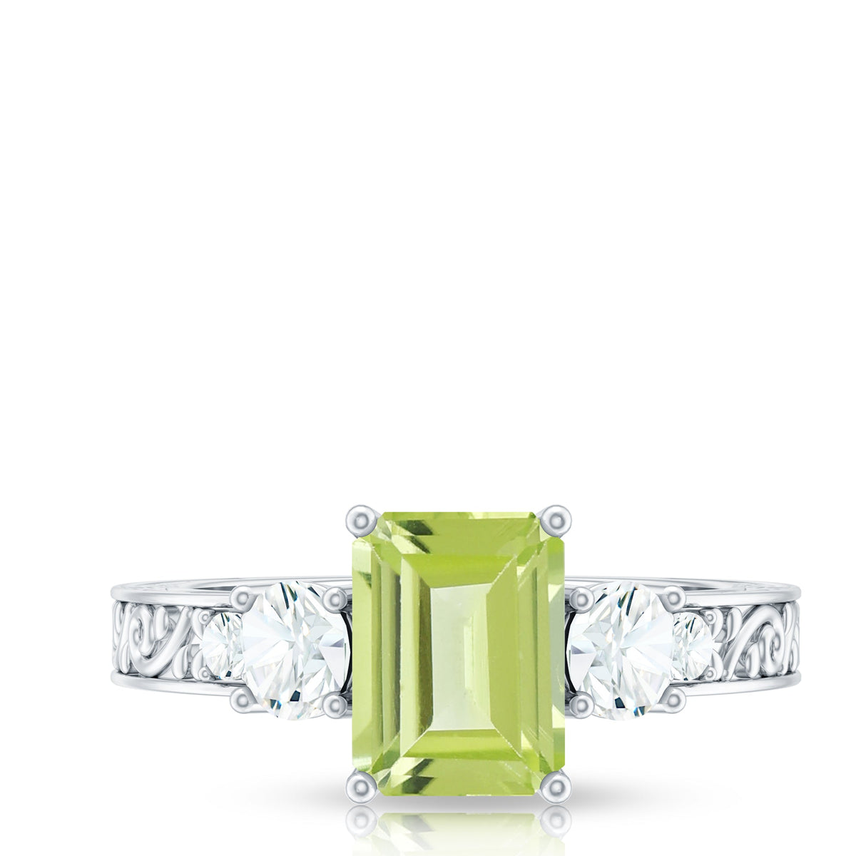 Vintage style 1.8 carat peridot emerald cut engagement ring with moissanite from Rosec Jewels, showcasing a sparkling green gemstone and elegant band.
