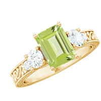 Vintage style 1.8 carat peridot emerald cut engagement ring with moissanite from Rosec Jewels, showcasing the gemstone and intricate band.