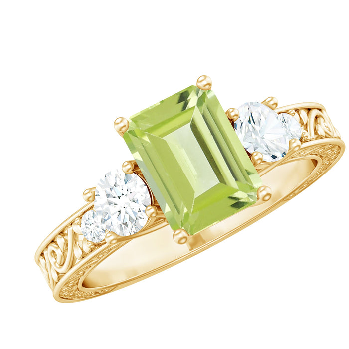 Vintage style 1.8 carat peridot emerald cut engagement ring with moissanite from Rosec Jewels, showcasing the gemstone and intricate band.