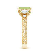Vintage style 1.8 carat peridot emerald cut engagement ring with moissanite, featuring intricate detailing and silver band.