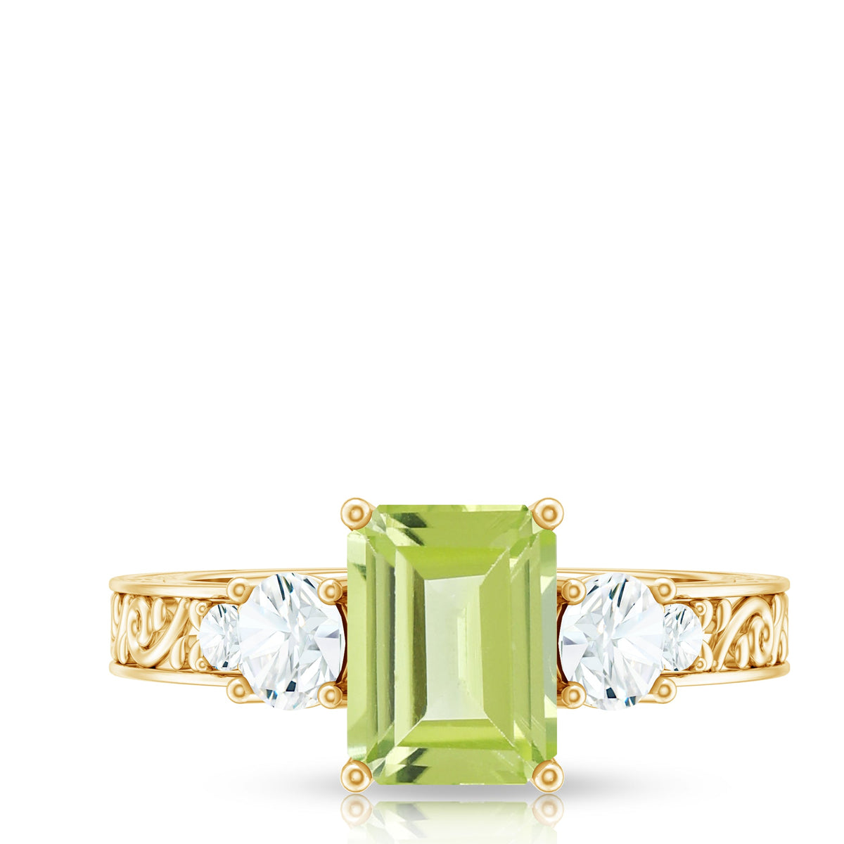 Vintage style 1.8 carat peridot emerald cut engagement ring with moissanite from Rosec Jewels, showcasing a detailed gold band.
