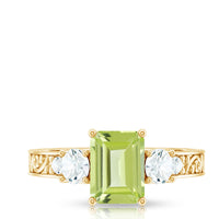 Vintage style 1.8 carat peridot emerald cut engagement ring with moissanite from Rosec Jewels, showcasing a detailed gold band.
