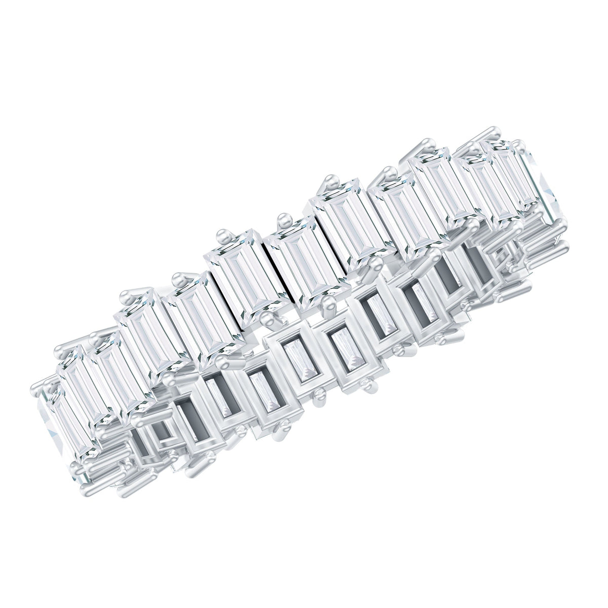 Rosec Jewels baguette-shaped moissanite eternity wedding band with sparkling gemstones and elegant design.