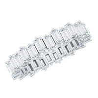 Rosec Jewels baguette-shaped moissanite eternity wedding band with sparkling gemstones and elegant design.