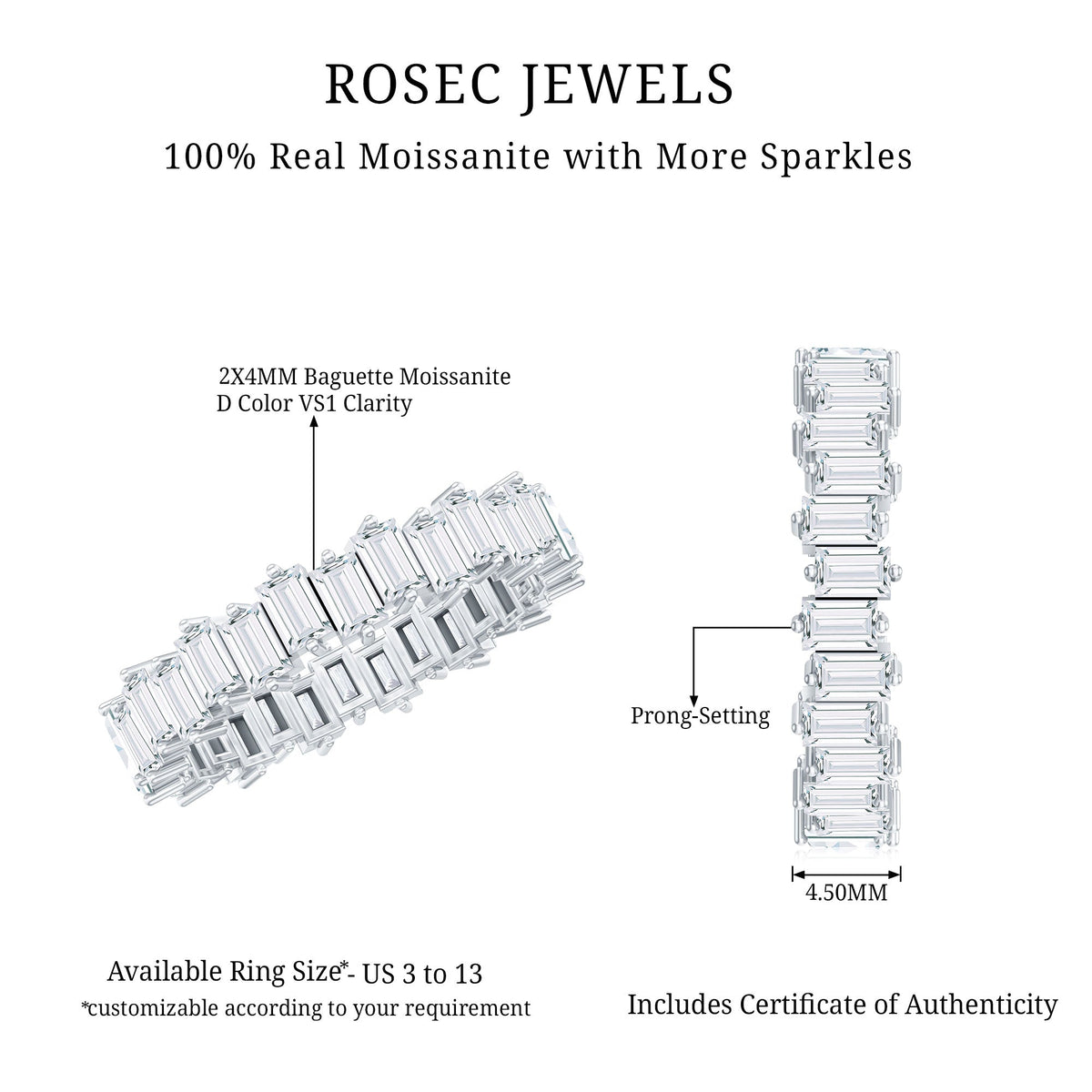 Rosec Jewels baguette shape moissanite eternity wedding band featuring a continuous row of sparkling baguette-cut moissanite stones.