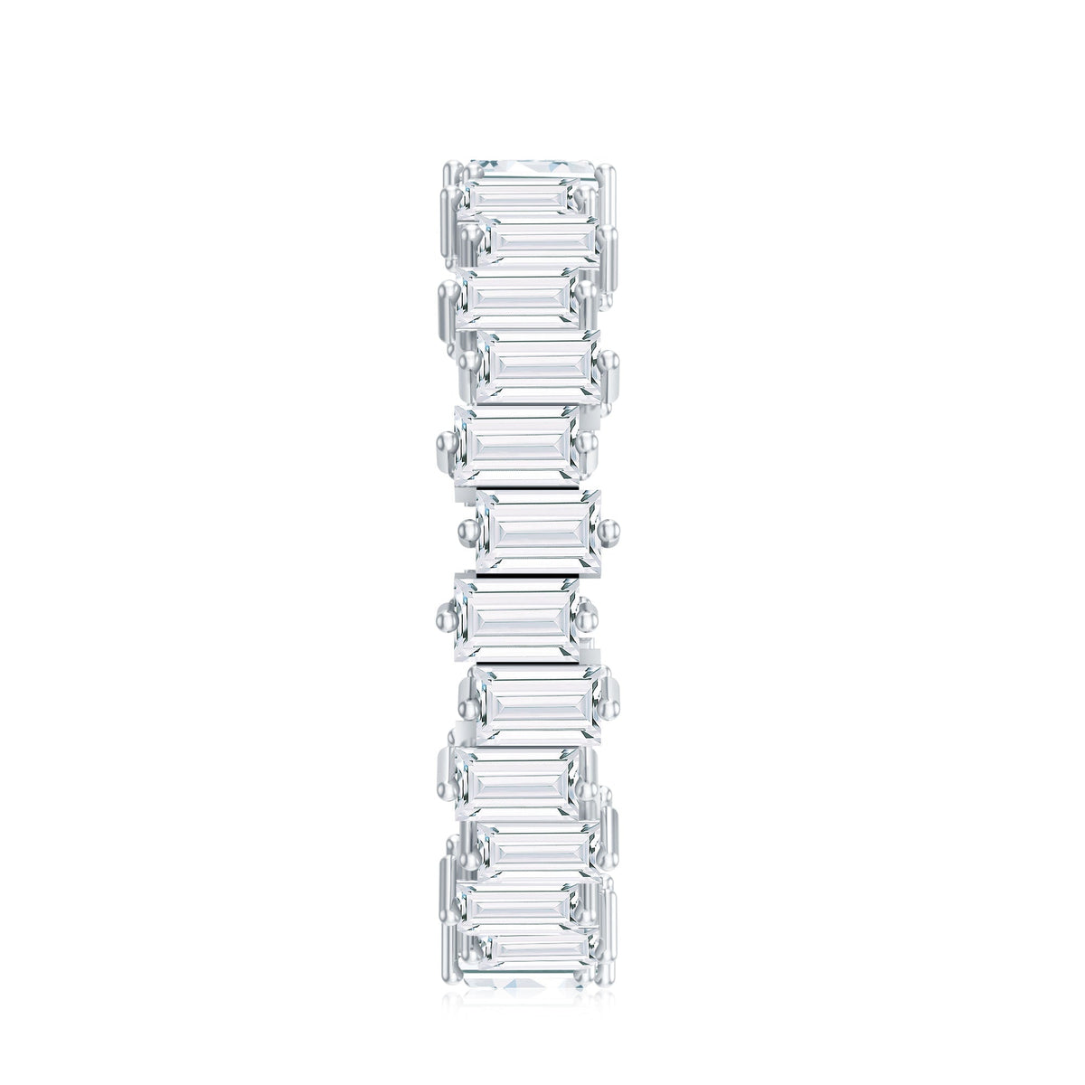 Rosec Jewels baguette shape moissanite eternity wedding band ring with sparkling stones in a continuous design.
