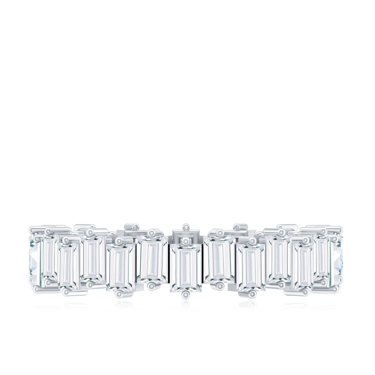 Rosec Jewels baguette shape moissanite eternity wedding band featuring a continuous row of sparkling baguette-cut stones in a sleek ring setting.