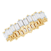 Rosec Jewels baguette shape moissanite eternity wedding ring with sparkling rectangular stones, elegant and timeless jewelry piece.