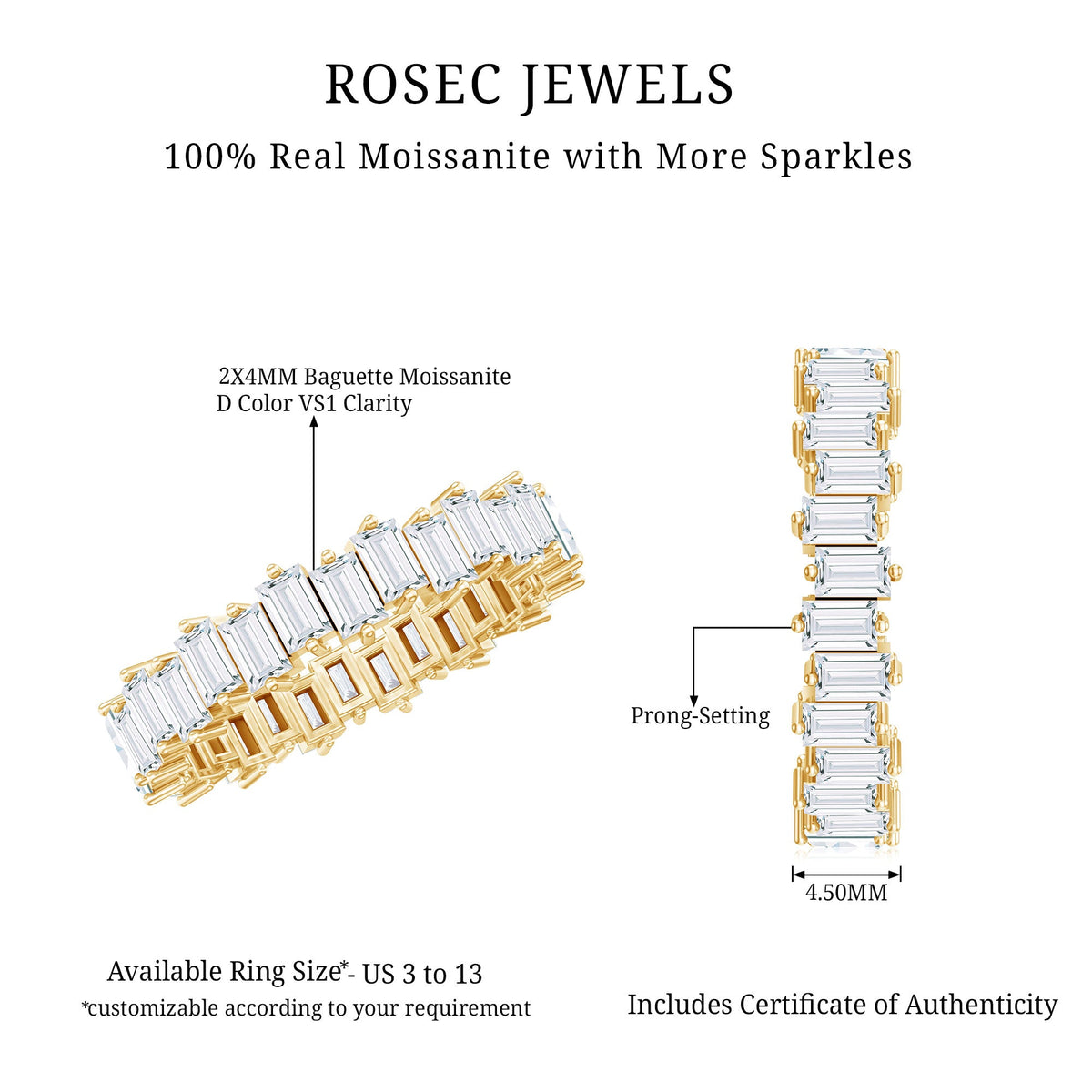 Rosec Jewels baguette shape moissanite eternity wedding band ring with alternating sparkling stones and sleek gold finish