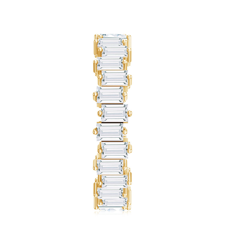 Rosec Jewels baguette shape moissanite eternity wedding band featuring a continuous row of sparkling baguette-cut moissanite stones on a sleek ring.