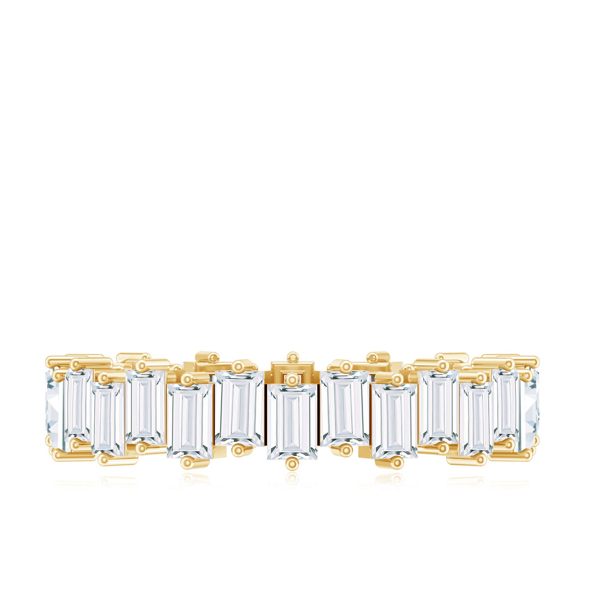 Rosec Jewels baguette-shaped moissanite eternity wedding band ring with alternating sparkling stones on a silver band.