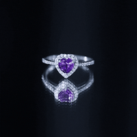 Natural 0.9 Carat Amethyst heart engagement ring with diamond halo from Rosec Jewels, featuring a purple amethyst centerpiece and sparkling diamonds.