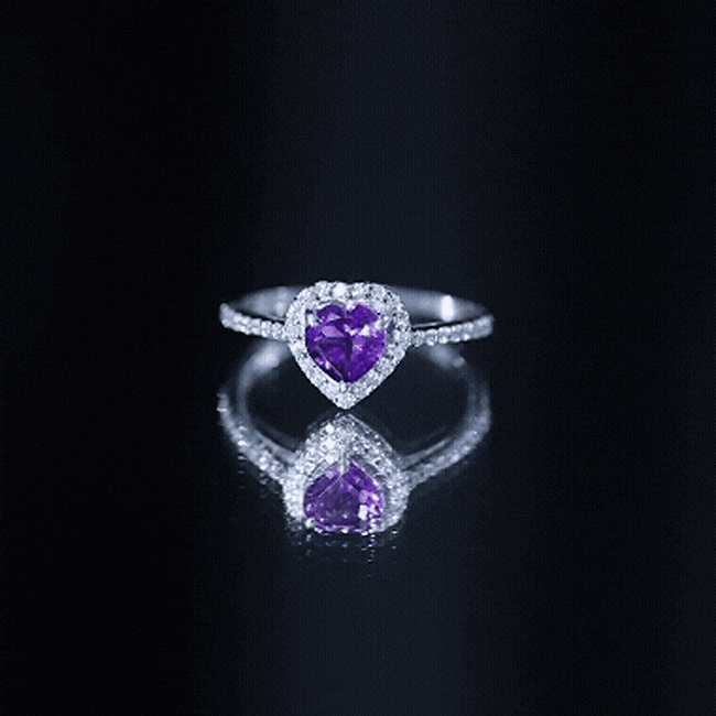 Natural 0.9 Carat amethyst heart engagement ring with diamond halo from Rosec Jewels, showcasing the elegant gemstone and intricate design.