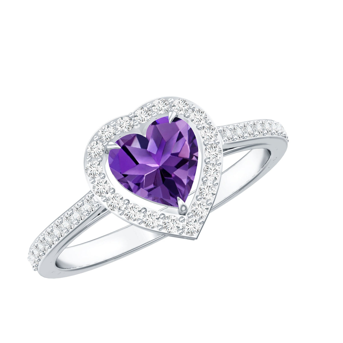 Natural 0.9 carat amethyst heart engagement ring with diamond halo by Rosec Jewels, featuring a detailed close-up of the ring.