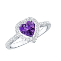 Natural 0.9 carat amethyst heart engagement ring with diamond halo by Rosec Jewels, featuring a detailed close-up of the ring.