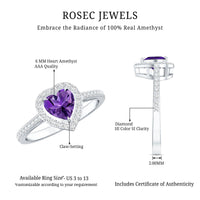 Natural 0.9 carat amethyst heart engagement ring with diamond halo, set in a Rosec Jewels ring featuring a detailed design.
