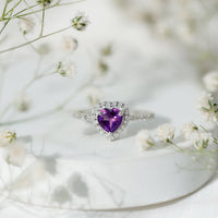 Natural 0.9 Carat Amethyst heart engagement ring with diamond halo from Rosec Jewels, featuring a detailed purple gemstone and sparkling accents.
