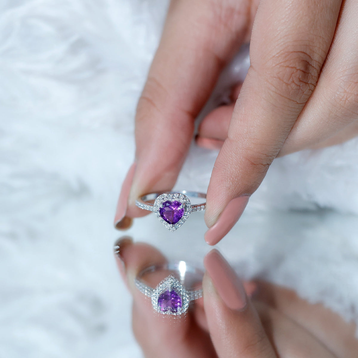 Natural 0.9 carat amethyst heart engagement ring with diamond halo from Rosec Jewels, showcasing a detailed gemstone and elegant design.