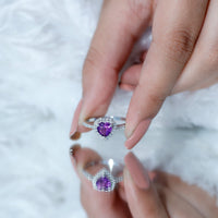 Natural 0.9 carat amethyst heart engagement ring with diamond halo from Rosec Jewels, showcasing a detailed gemstone and elegant design.