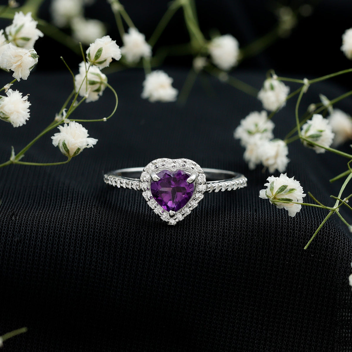 Natural 0.9 carat amethyst heart engagement ring with diamond halo by Rosec Jewels, showcasing the detailed gemstone and elegant settings.