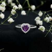 Natural 0.9 carat amethyst heart engagement ring with diamond halo by Rosec Jewels, showcasing the detailed gemstone and elegant settings.