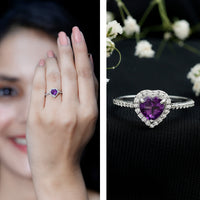 Natural 0.9 carat amethyst heart engagement ring with diamond halo, showcasing rose gold band and intricate setting.
