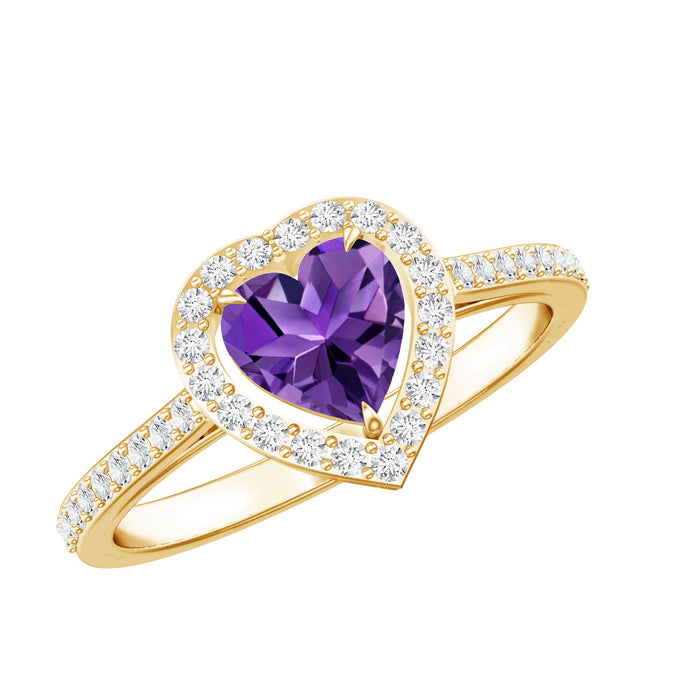 Natural 0.9 Carat amethyst heart engagement ring with diamond halo by Rosec Jewels, showcasing a stunning purple gemstone and sparkling accents.