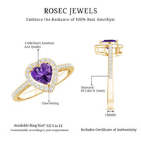 Natural 0.9 carat amethyst heart engagement ring with diamond halo by Rosec Jewels, showcasing the detailed gemstone and elegant band.